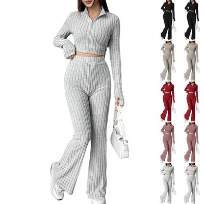 Women's Fashion Solid Color Ribbed 2-Piece Zippered Long-Sleeved Short Top And High-Waisted Flared Pants Suit