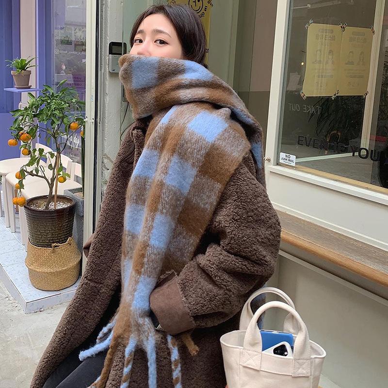 Cachecol Xadrez de Caxemira com Franjas Outono e Inverno Estilo Coreano Feminino Ciclismo Viagem Quente Moda Cachecol Tricotado Xale