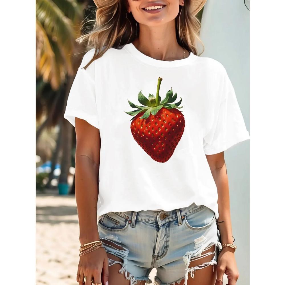 Strawberry Print T-Shirt Crew Neck Casual Short Sleeve Cute Top for Summer and Spring Women's Clothing T Shirt