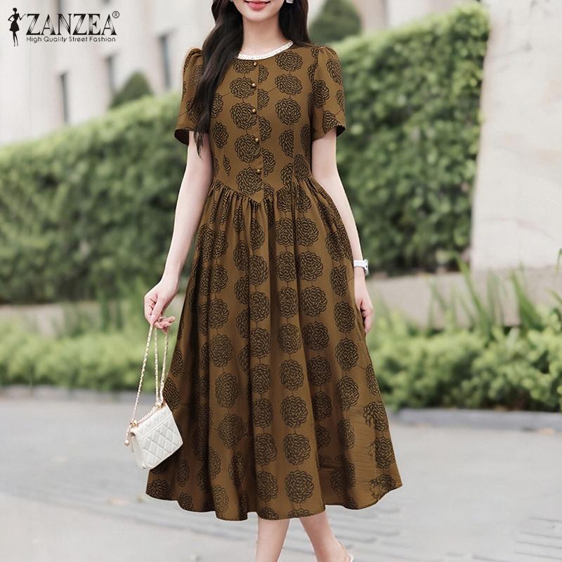 ZANZEA Damen Sommer Spitze Einsatz Rundhals Lässig Kurzarm Druck Kleid