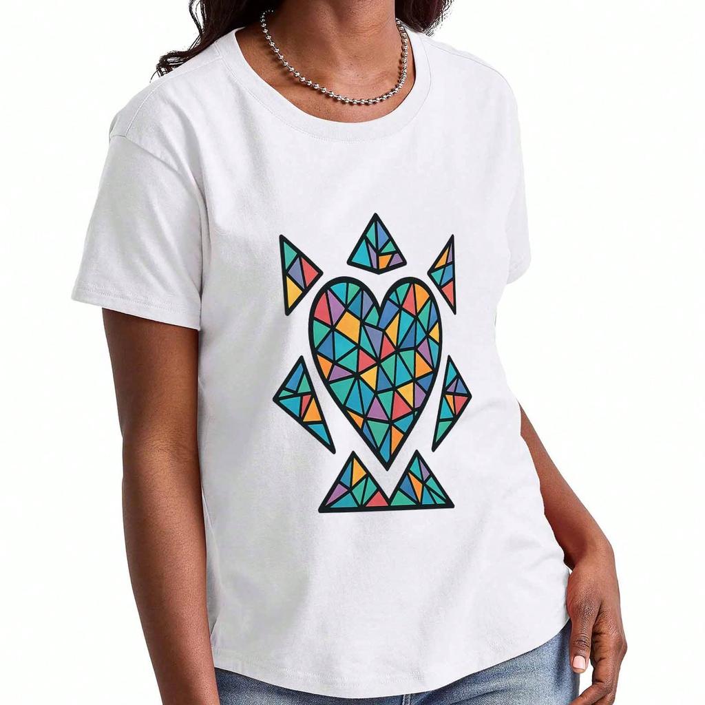 Geometrisches Herz Damen Baumwoll-T-Shirt, Premium-Baumwollqualität Druck, Langlebig, Lässige Mode, Bunter Dreiecksmosaik Grafik-T-Shirt, Perfekt für den Alltag