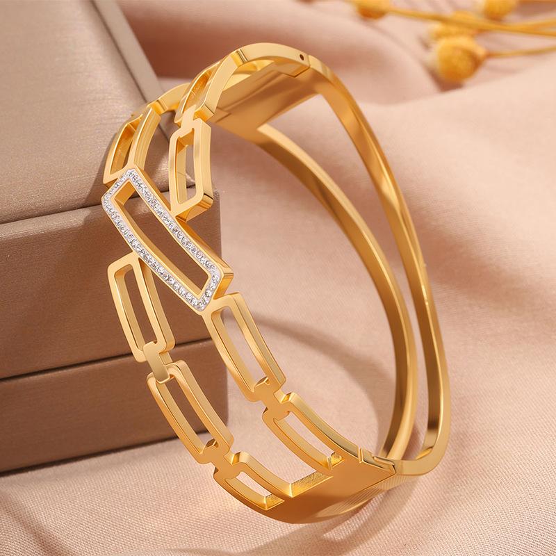 Fashionable Wide Version Hollow Square Titanium Steel Women’s Elegant Versatile Design and Temperament Bracelet