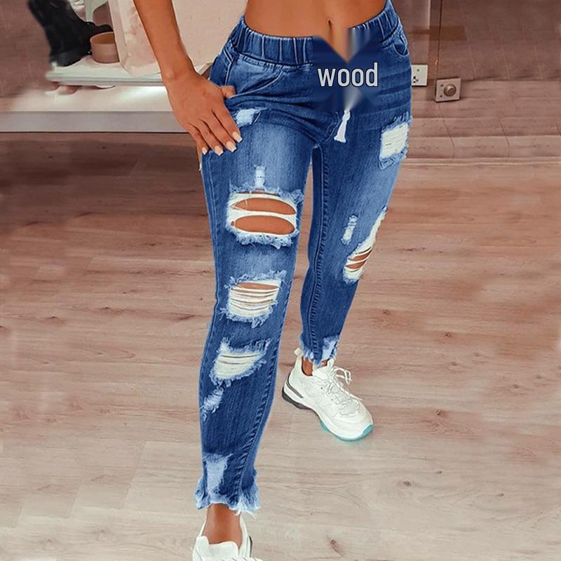European & American High-Waisted Ripped Skinny Jeans for Women with Elastic Waist & Drawstring