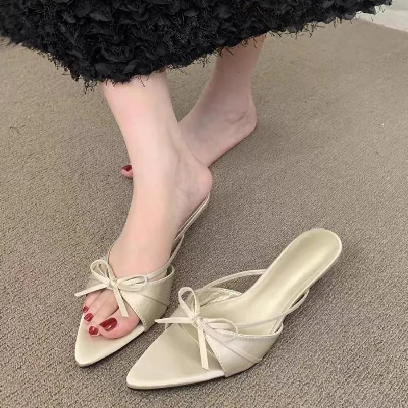 Fashion Summer New Rhinestone Mesh Pointed Toe Fish Mouth High Heels Stiletto Sexy One Word Outwear Half Slip Sandals