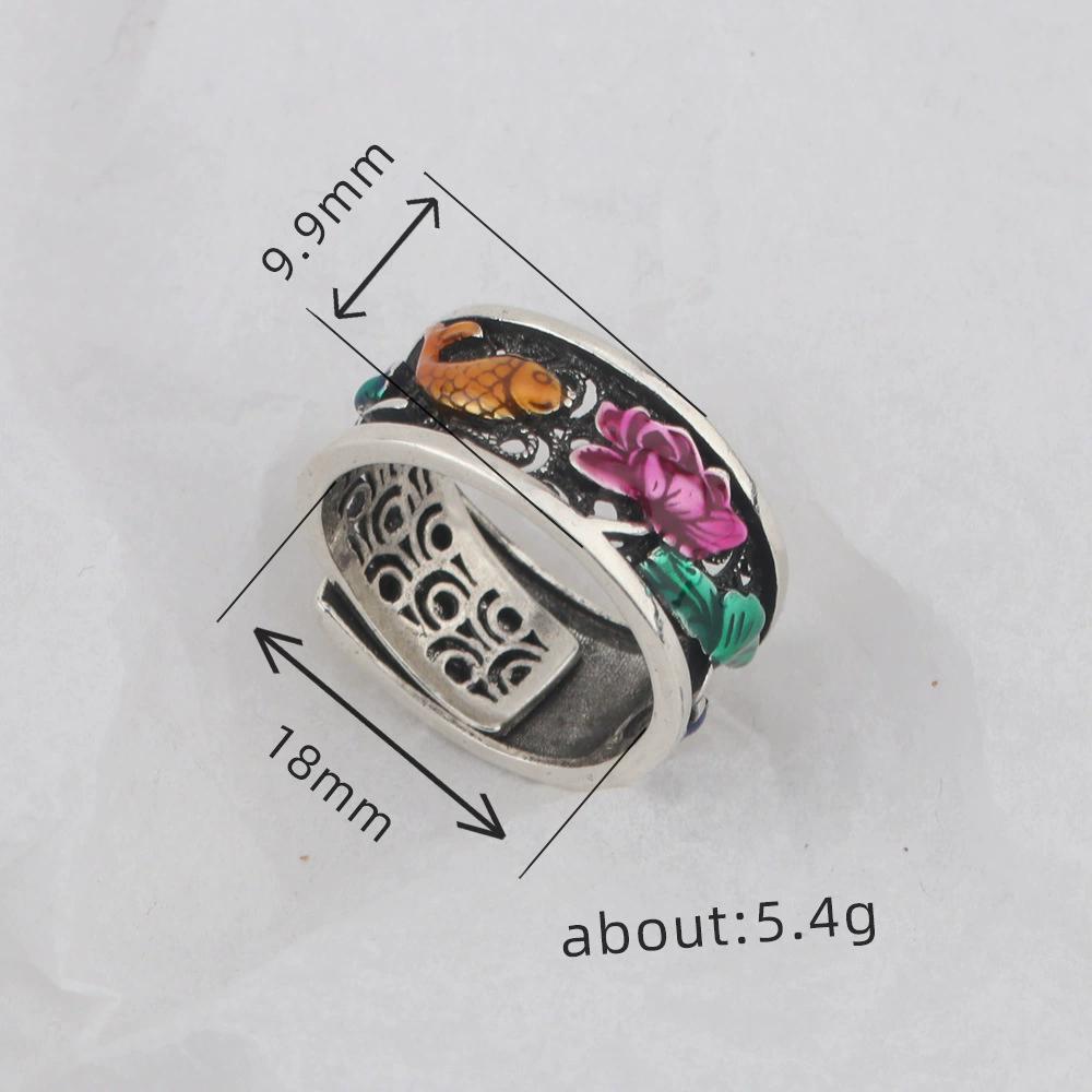 Vintage Ethnic Style Enamel Lotus Flower Koi Adjustable Rings For Women Fashion New Jewelry Gift Party Birthday Anillos