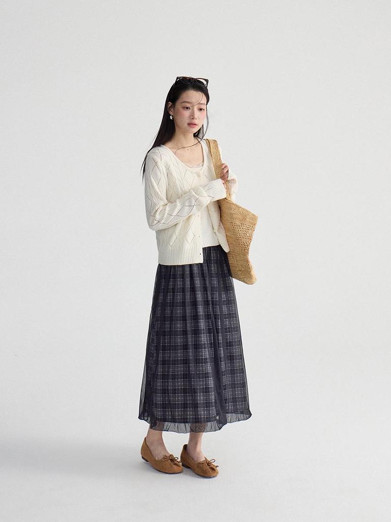 Ge Ming Retro Plaid Mesh Patchwork A-line Mid-length Skirt for Women - Spring Style