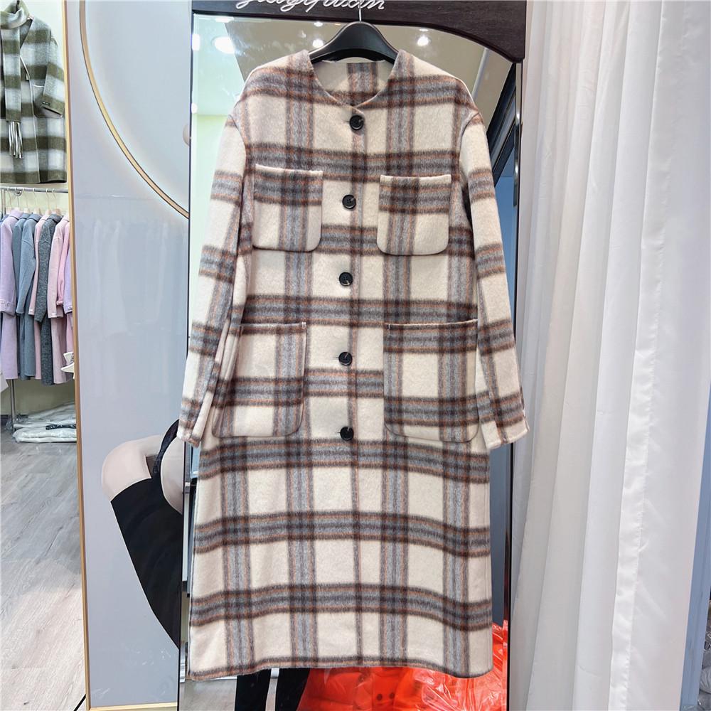 2023 Women's Retro Plaid Double-Sided Cashmere Wool Coat, Mid-Length Loose Fit for Autumn/Winter
