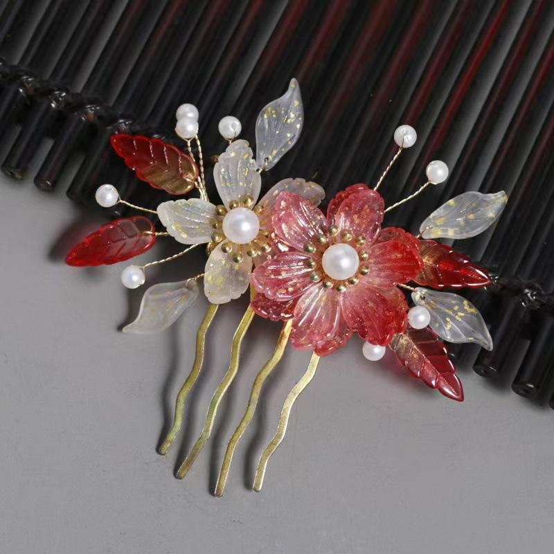 Vintage Flower Hairpin Elegant Chinese Style Glass Flower Hair Comb For Women Girls Exquisite Fairy Metal Hair Accessories 1pc