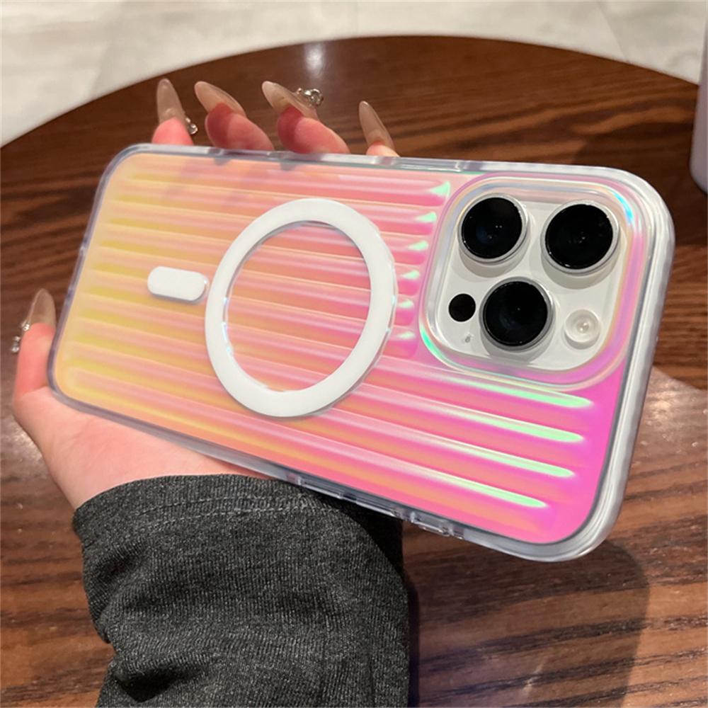 Luxury Aurora Laser Gradient Stripes Magnetic For Magsafe Case For iPhone 17 15 14 13 16 Pro Max Plus Wireless Charging Cover