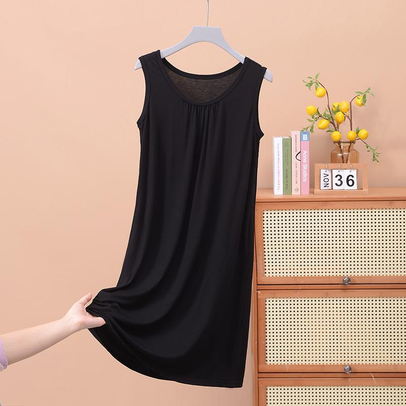 

Loose pleated sleeveless vest skirt medium and long nightdress home pajamas large size thin women s dress Xl( 40-50kg ) чёрный