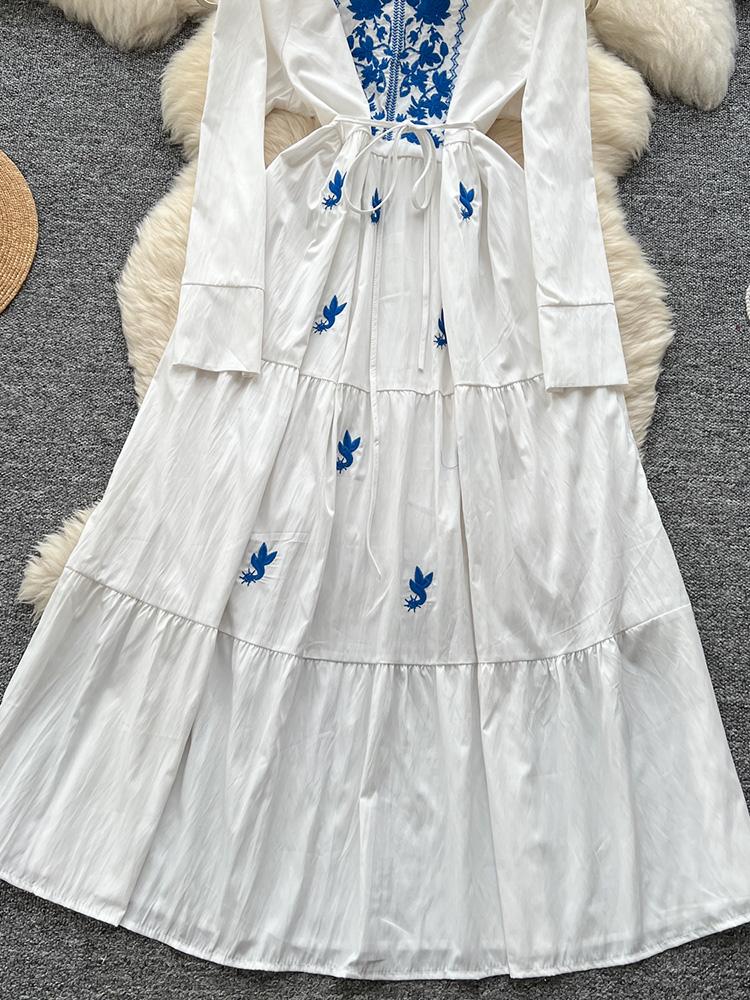 Women Spring Autumn Dress Retro Embroidered V-neck Strap Waist French Elegant Long Sleeve Grand Swing Long Dress