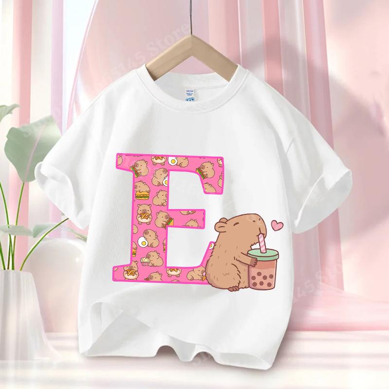 Capybara Cute T-Shirt Children's Anime Capybara Letter Short-Sleeve T-Shirt Girls' Summer Top