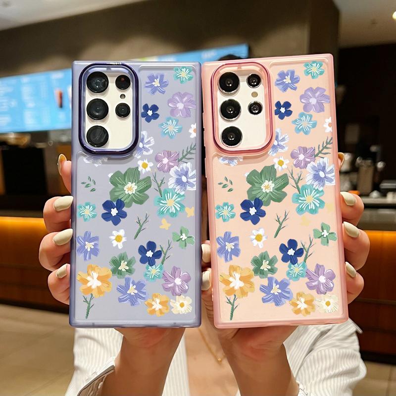 

Чехол для телефона с рисунком из свежих цветов для Samsung S24 S23 Ultra S22 S21 Plus S20 FE A54 A34 A53 A52, мягкий силиконовый противоударный защитный бампер для объектива Samsung S24 чёрный