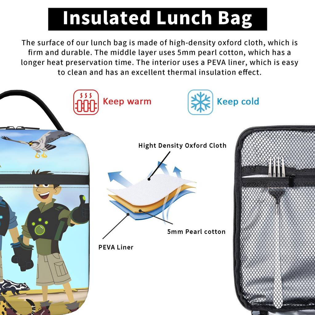 Wilds Kratts Lunch Bag School Lunch Box For Men Vintage Print Thermal Lunch Bags Oxford Portable Zipper Cooler Bag
