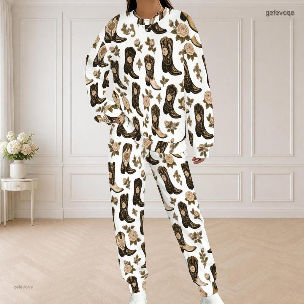 Women Plus Size Printed Round Neck Long Sleeve Top With Pockets And Long Pants Set