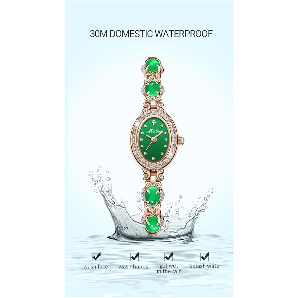 "Elegant Women's Bracelet Watch Green Crystal Waterproof Quartz Simple Rose Gold"