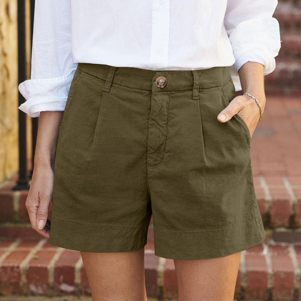 Women's Soft Cotton Linen Shorts Pockets Soft  Button Closure No Zipper Slim Fit Shorts