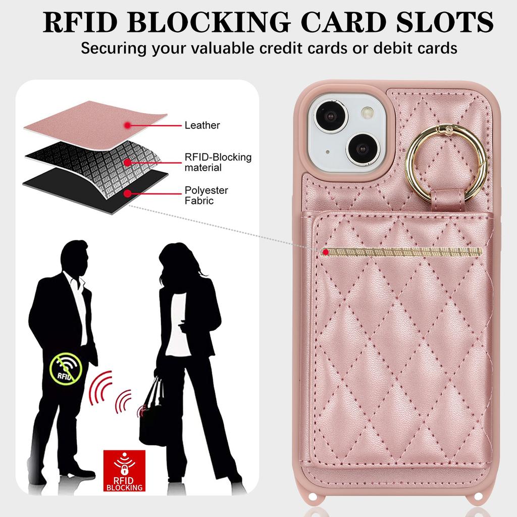 For iPhone 15 Plus/14 Plus Case with Lanyard/Mirror/Card Holder Grids Pattern RFID Blocking Phone Cover