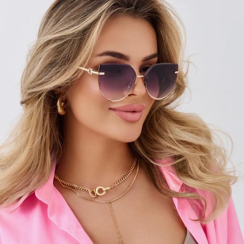 2pcs Women Metal Large Cat Eye Sunglasses Fashion Female Gradient Color Sun Glasses Outdoor UV Protection Design Eyeglasses