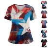Women's Independence Day Print V-Neck Double Pocket Short Sleeve Uniform with Slit Hem - Caregiver Top