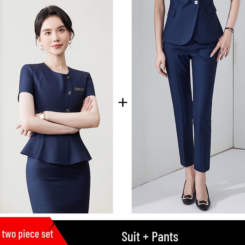 Women's Professional Ruffled Suit Set - Short-Sleeved, Cinched Waist for Hotel Reception Businesswear