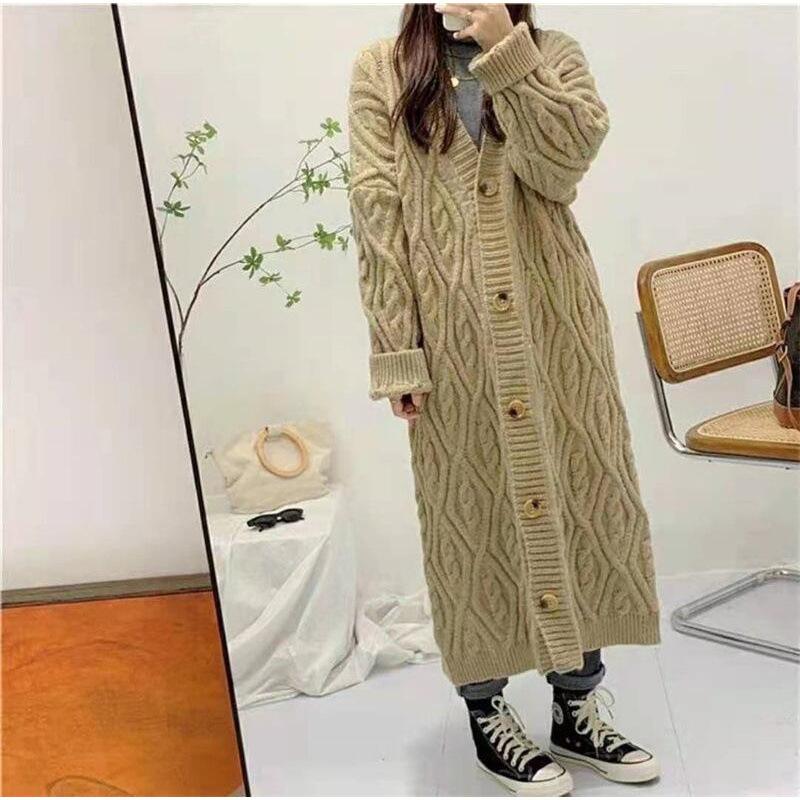 

Длинный свитер на осень и зиму, женские куртки, большая версия свободной ветровки, однобортное витое трикотажное пальто с длинными рукавами, кардиган One size хаки