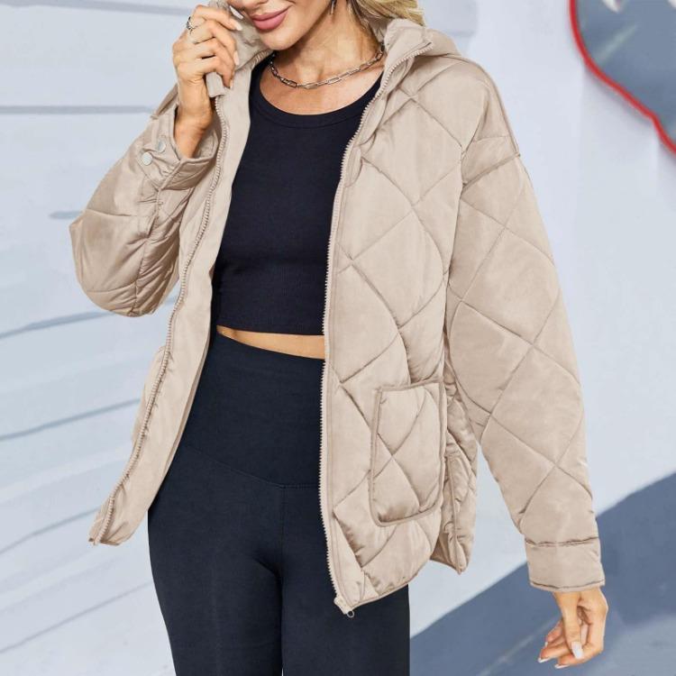 Dame Moteable Løs Hettejakke med Glidelås Langermet Ensfarget Bomullsjakke med Stor Lomme og Splitt