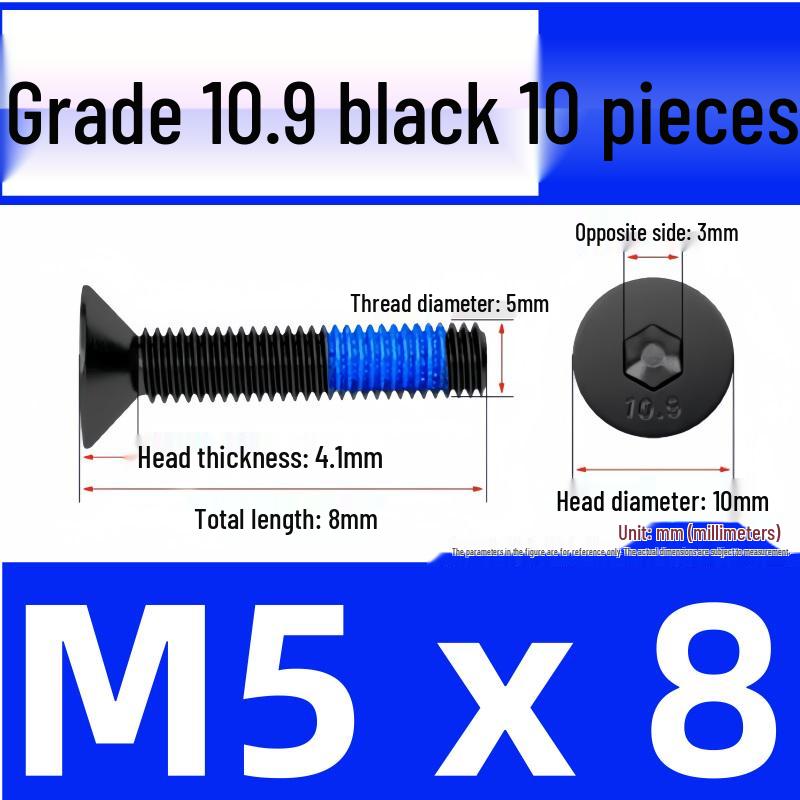 Black Anti-Slip Flat Cup Screw with Adhesive Blue Glue, Countersunk Hexagon Socket, Available in M2-M8 Sizes