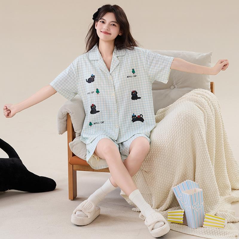 1A antibacterial pure cotton pajamas women's summer with chest pads, short sleeves, plus size 50kg girls' loungewear three-piece set