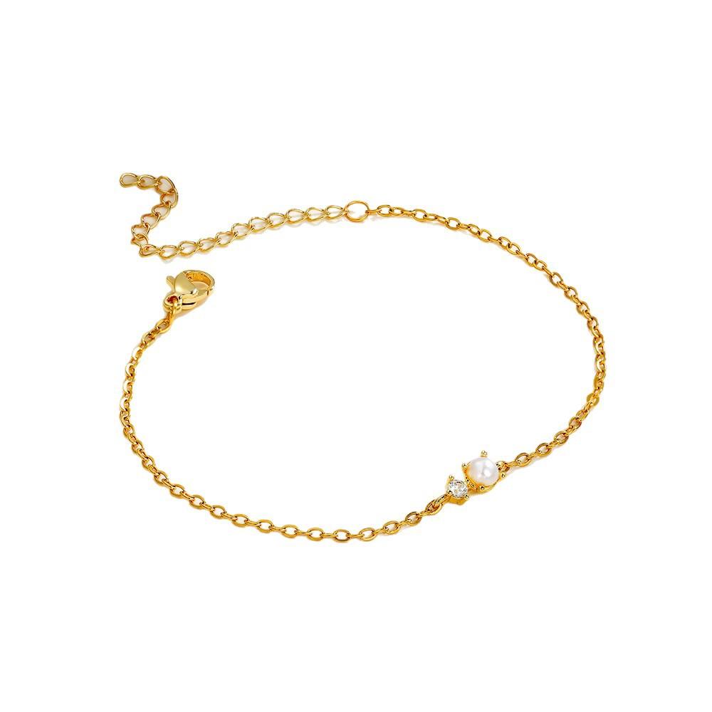 18K Gold Imitation Round Imitation Pearl Zircon Bracelet Stainless Steel Bead Chain Simple Thin Chain Hand Jewelry