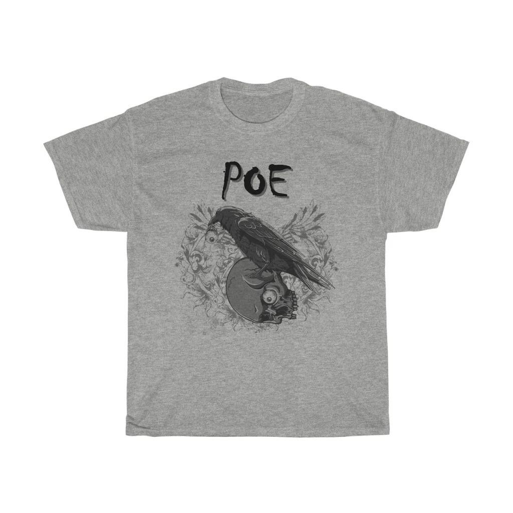 Poe Raven, Gray Unisex Heavy Cotton T-shirt, Inspired By Edgar Allan Poe S