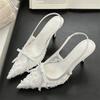 Fashion New Embroidery Flower Bow Design High Heels Women Sexy Pointy Toe Slingbacks Heeled Sandals Summer Elegant Party Dress Shoes