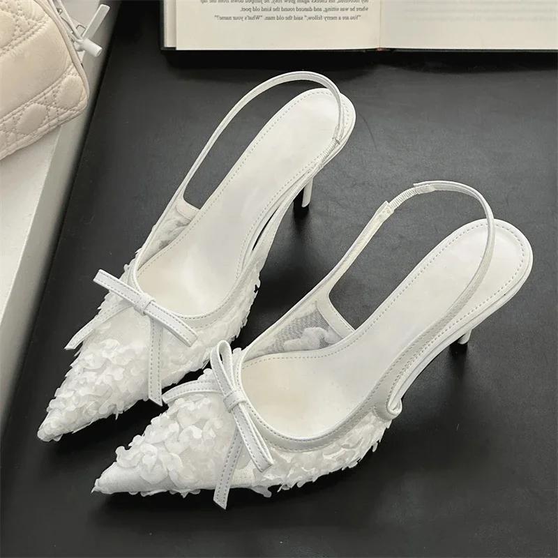 Fashion New Embroidery Flower Bow Design High Heels Women Sexy Pointy Toe Slingbacks Heeled Sandals Summer Elegant Party Dress Shoes
