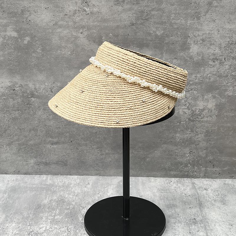 25 Spring And Summer Raffia Roofless Straw Hat Women'S Light Luxury Rhinestone Pearl Empty Top Hat Breathable Sun Hat Design Sense