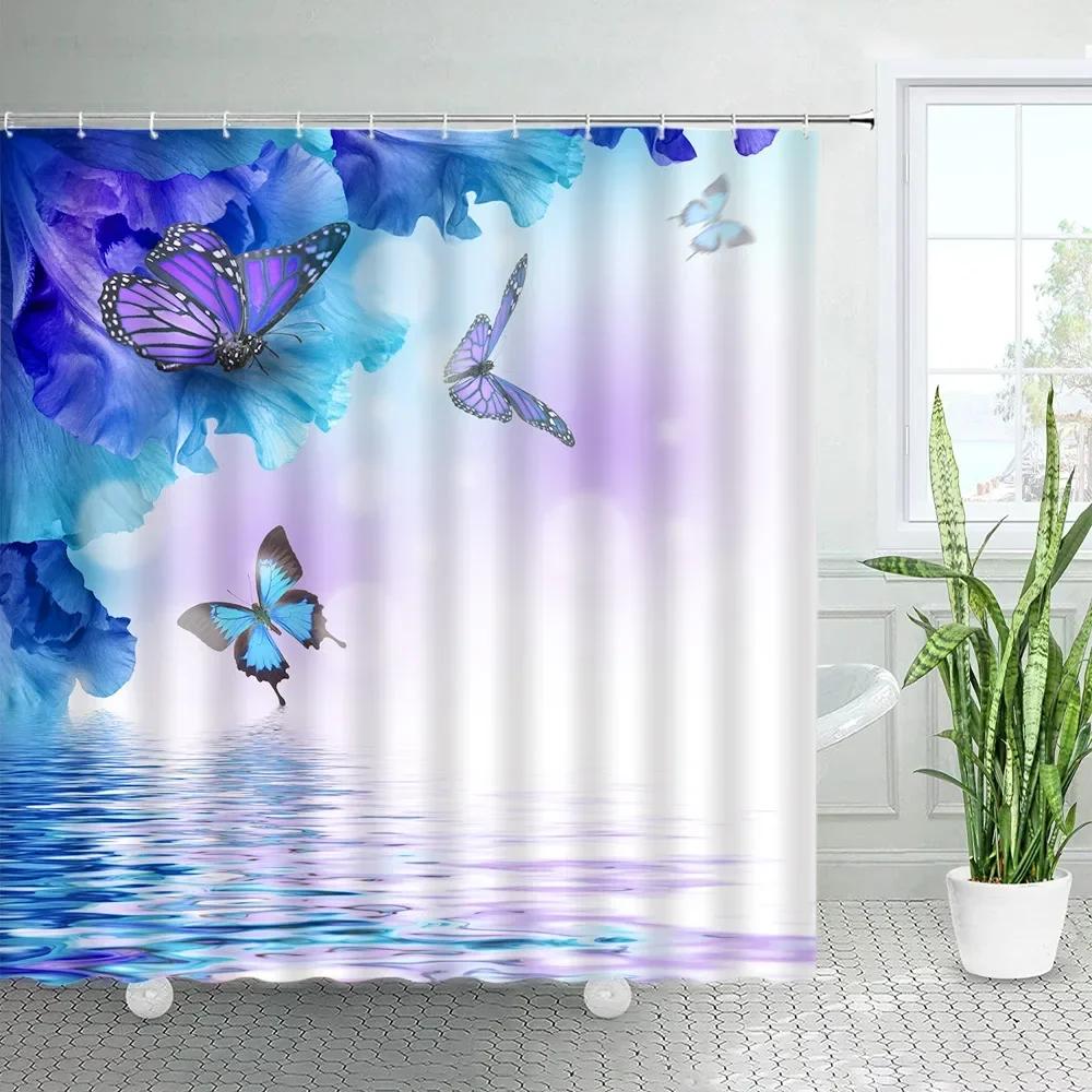 Butterfly Sunflower Shower Curtains Natural Yellow Flowers White Background Decor Simple Fabric Home Decor Bathroom Curtain Sets