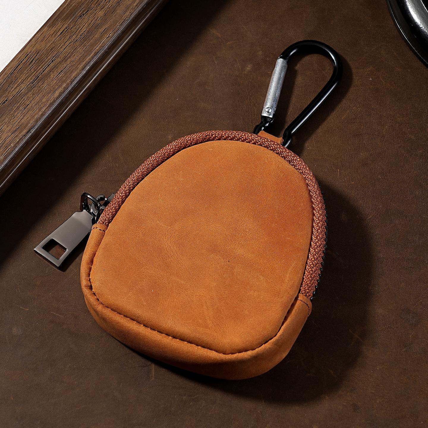Ultra-Compacte Mini Leren Sleutel Munt Portemonnee, Crazy Horse Vintage Rits Kleine Portemonnee, Zakformaat Kleine Houder voor Dagelijks Gebruik bruin