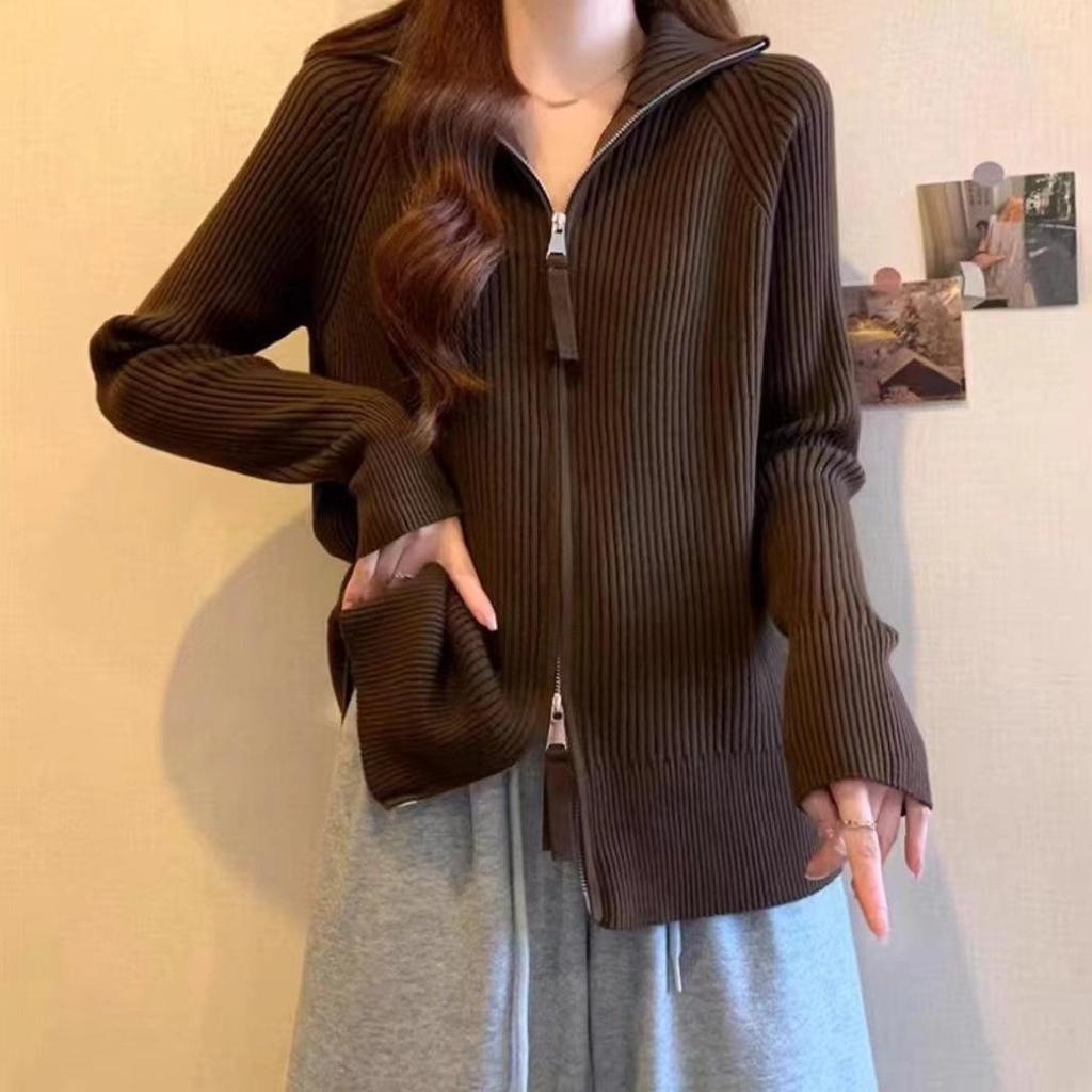 Women's Slimming European Style Maillard Sweater - Plus Size Double Zipper Cardigan for Early Spring