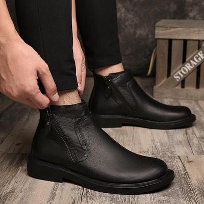Men's Trendy Korean Style Warm Leather Ankle Boots - Autumn/Winter Martin Round Toe Zipper Mid-Top British Style