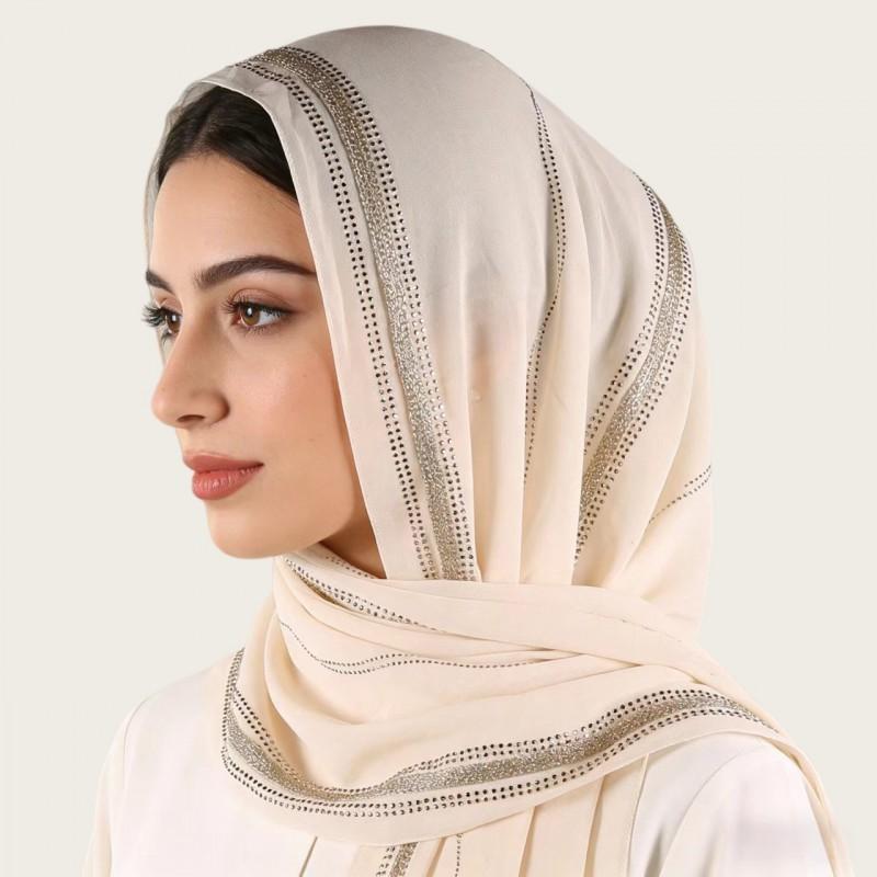 Womens Lightweight Chiffon Scarf With Pearl Embellishment Ethnic Print Wrap Shawl UV Protection Cover Head Accessory Daily Wear Travel