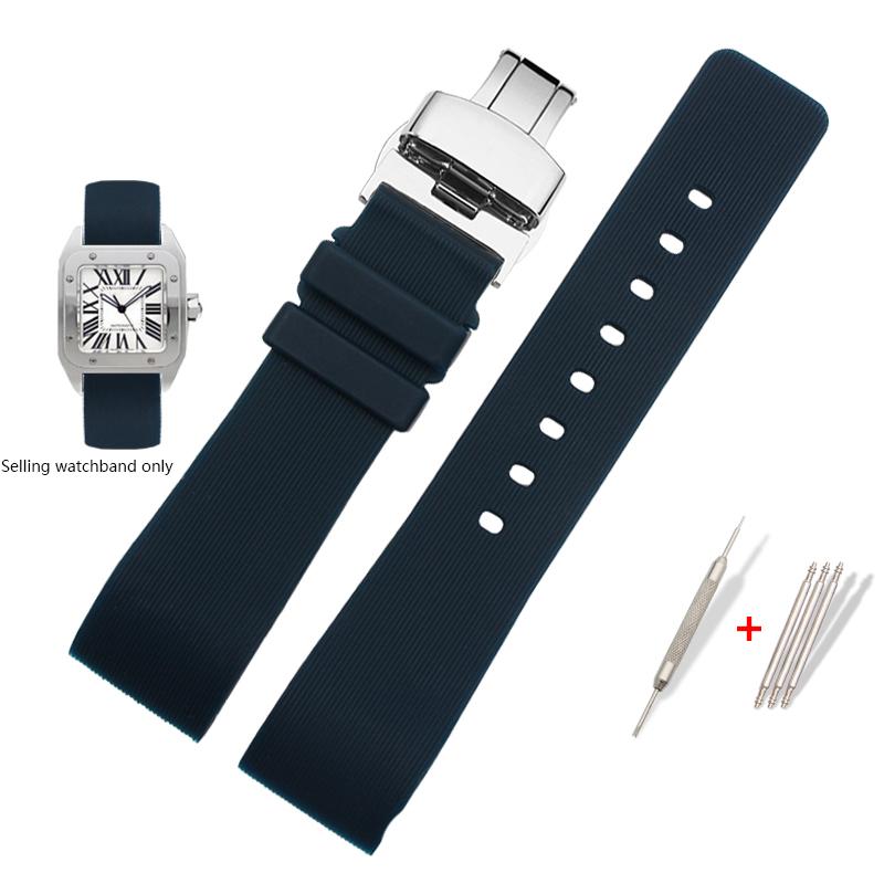 Watch Strap for Cartier Sandoz Santos 100 W20073X8 W20106X8 W2020008 Silicone Rubber Bracelet Men Women Black Belt 20 23 25mm
