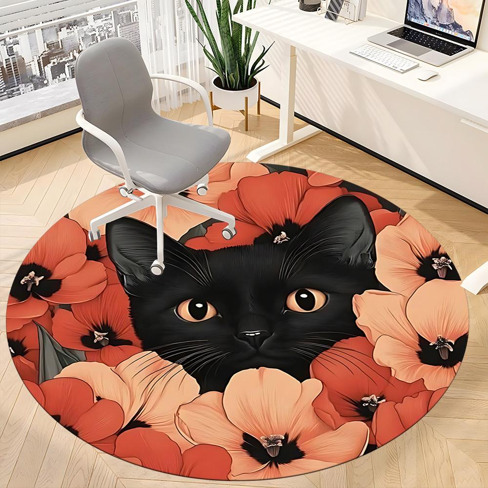 1pc Black Cat Floral Pattern Chair Carpet for Office, Round Non Slip Durable Large Size Office Carpet, Suitable for Office