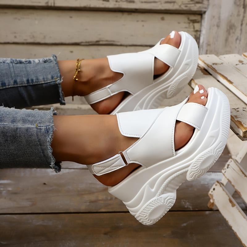 White Synthetic Women's Summer Platform High Heel Sandals | Open Toe Thick Sole with Adjustable Hook-and-Loop Closure for Casual & Formal Occasions
