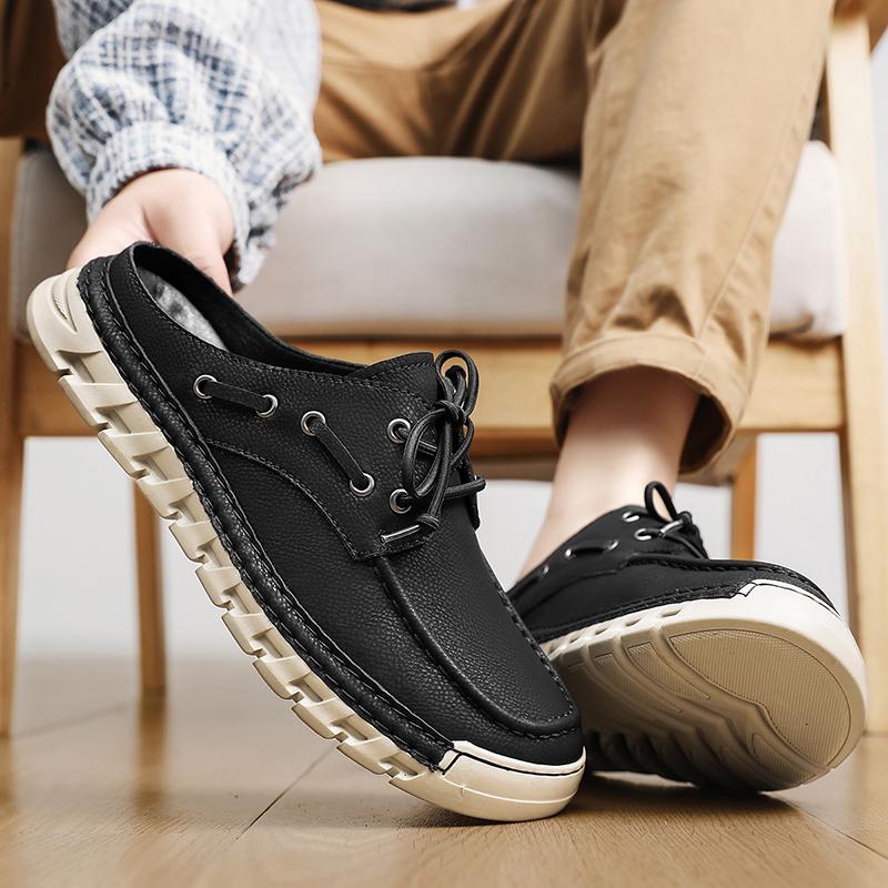 Men's Summer New Large Size Slip-On Driving Shoes Outdoor Genuine Leather Breathable Rubber Sole Square Toe Bean Bean Shoes