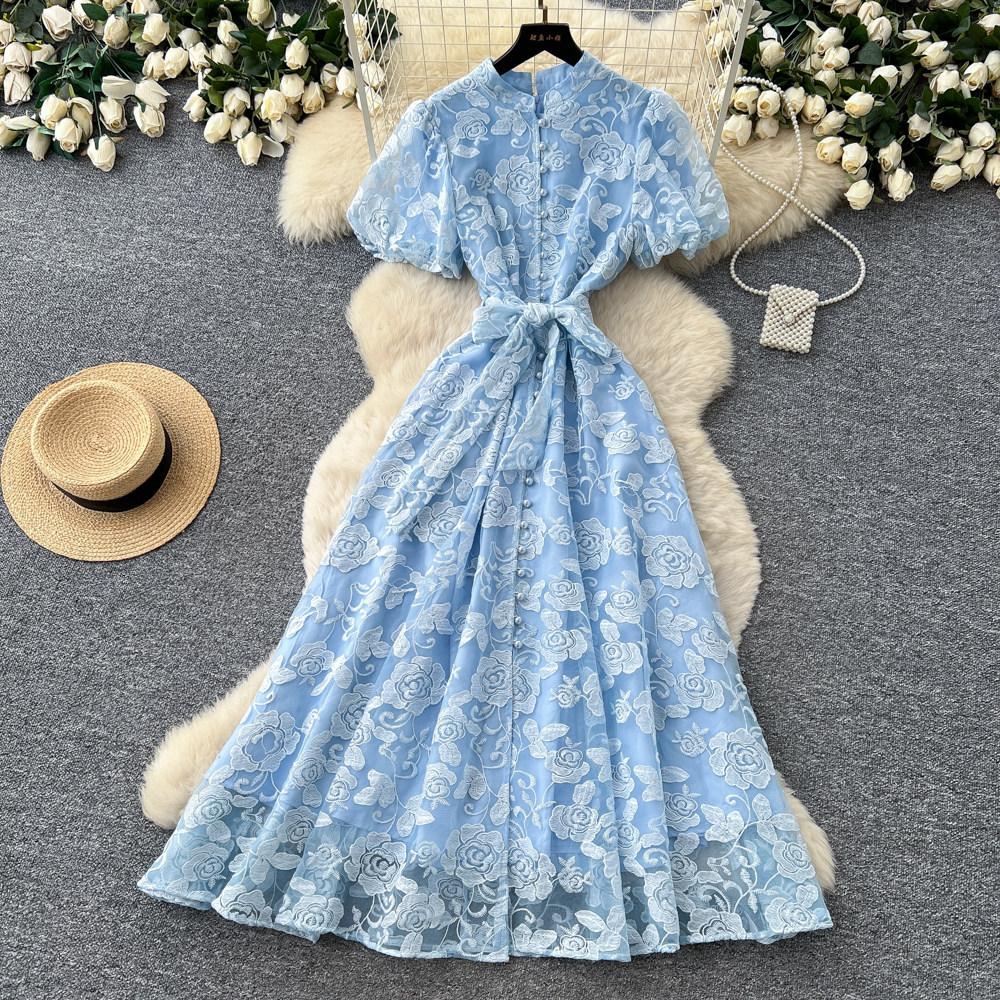 Elegant Lace Embroidered Dress Women's Summer High Waist A-shaped Skirt Commuter Temperament Long Dress Banquet Long Dress