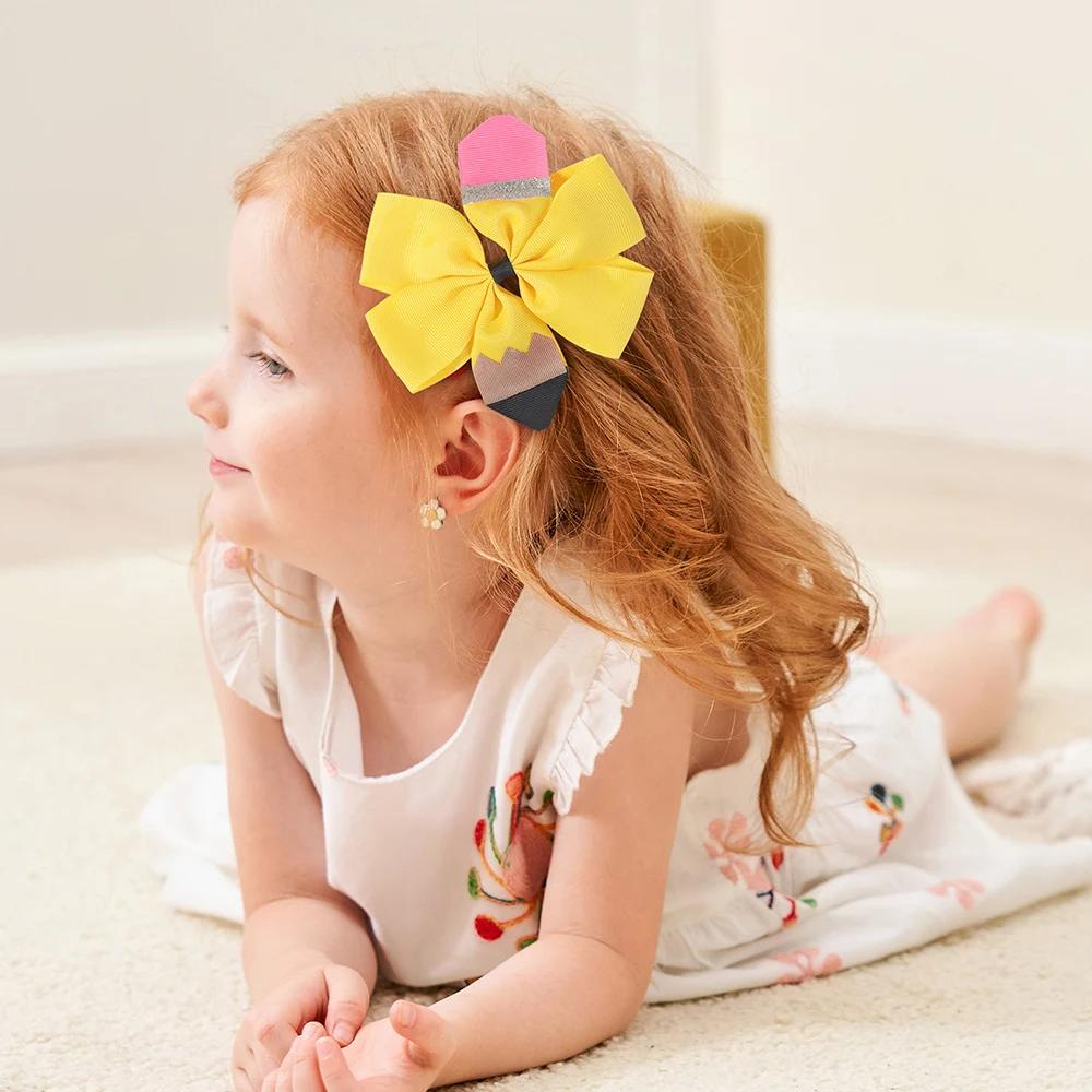 4.92'' Pencil Glitter Hair Bows Clips for Girls Kids Back To School Handmade Stacked Bowknot Hair Clips Hairpin Hair Accessories