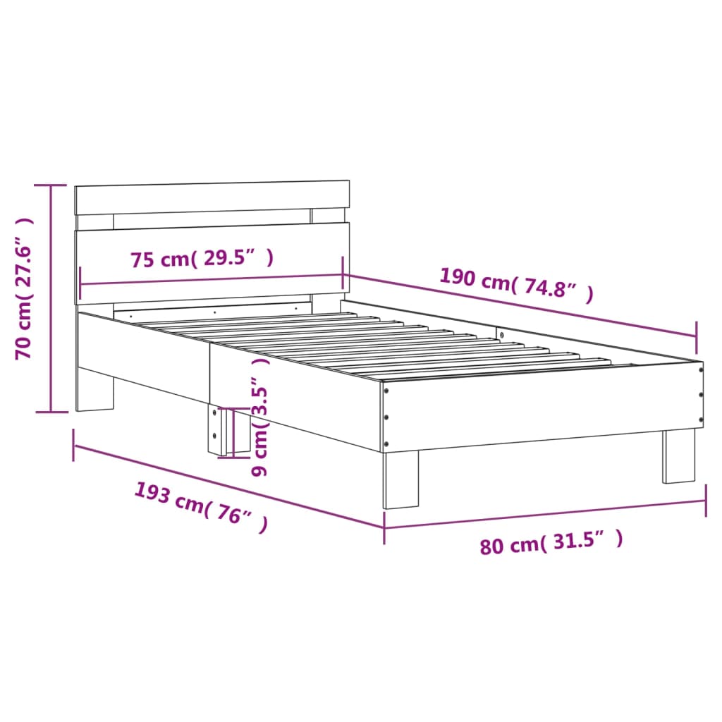 White Bed Frame with Headboard 75 x 190 cm Engineered Wood