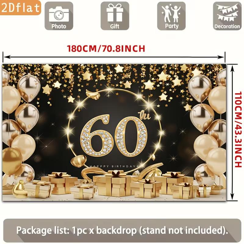 2D Black Gold 60 Birthday Backdrop Star Confetti & Balloon Decor Background Banner