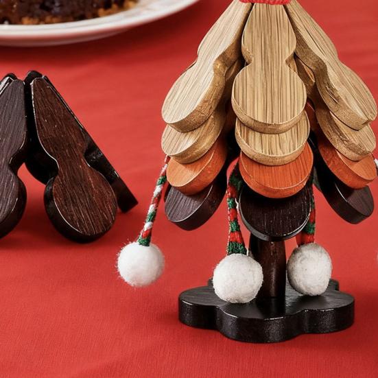 Christmas Tree Trivet Set Wooden Heat-Resistant Coasters with Stand Festive Table Protector for Hot Dishes & Holiday Decor