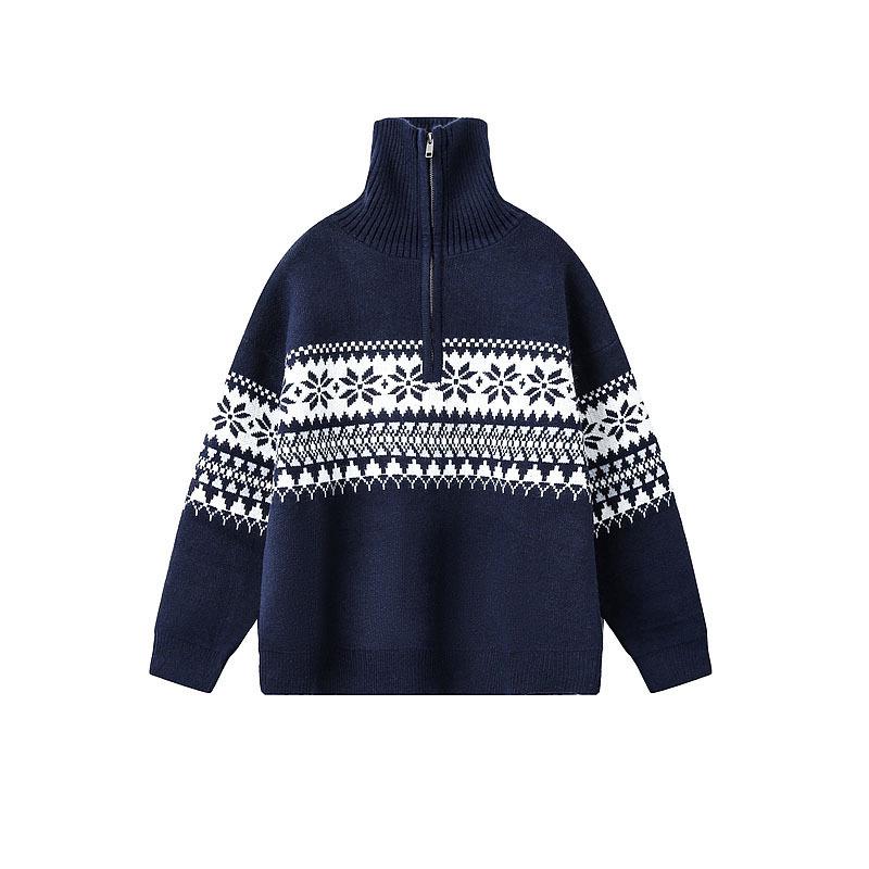 Unisex Röd Retro Fair Isle Halvdragkedja Hög Halsstickad Tröja