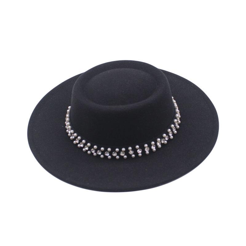 European and American New Autumn and Winter Wool Woolen Big-brimmed Jazz Hat Female Concave Top Black Top Hat Pearl Rhinestone Felt Hat